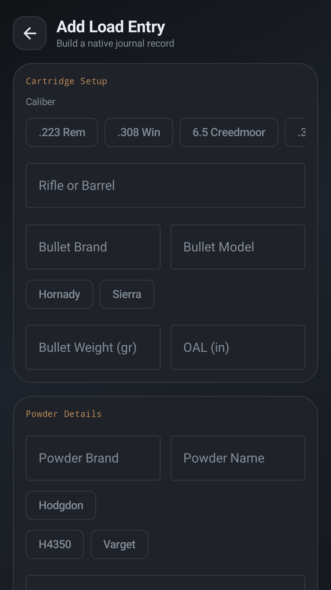 Add Load Entry screen