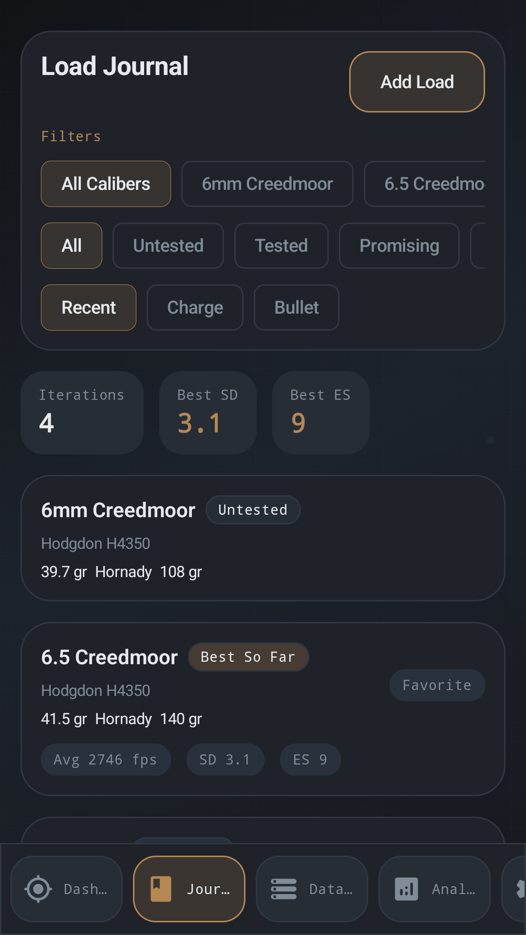 Load Journal screen